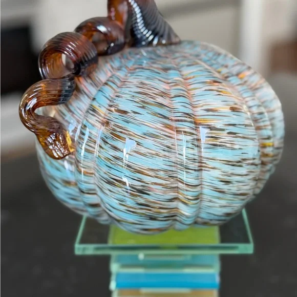 Glass Pumpkin Sculpture - Blue and Brown - Picture 3 of 3